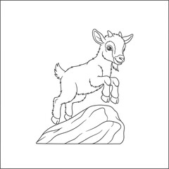 Cute Baby Goat Standing on Rock Line Art Illustration