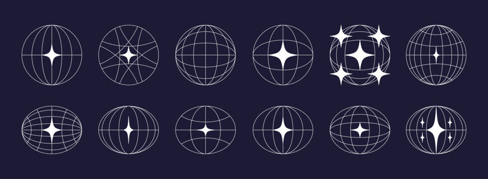 World globe retro grids in oval and round form with stars icons set. earth latitude and longitude line grid. futuristic design elements.