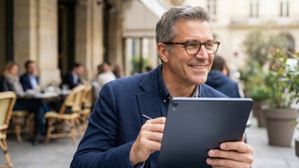 Smiling mature businessman working on a tablet at an outdoor European cafe terrace