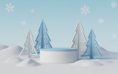 Winter wonderland scene with blue and white trees and snowflakes falling