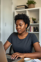 A portrait of a young woman can work on the laptop