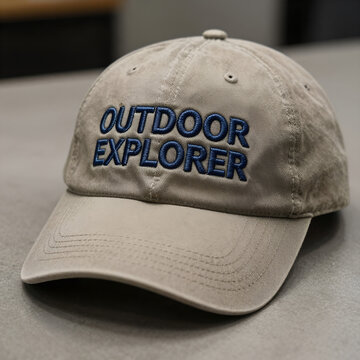 Khaki embroidered "Outdoor Explorer" baseball cap &mdash; washed cotton dad hat, navy raised stitch, front product mockup on soft grey bokeh background, copy space, outdoor/hiking merch
