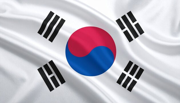 South Korean flag with white field, central red-blue Taeguk, and four black trigrams in corners.