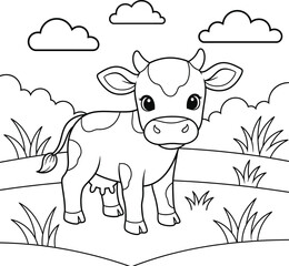 Cute Cow Coloring Page for Kids in Pastoral Landscape