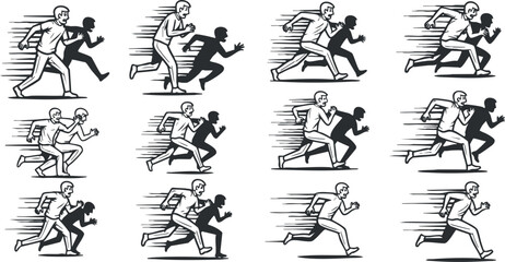 Fototapeta premium Dynamic vector illustration of multiple running figures in a minimalist style, ideal for fitness and sports-related projects