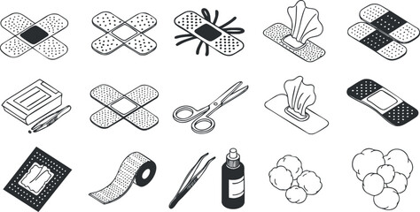 Outline vector illustration of first aid supplies including bandages, scissors, cotton, and medical tools for healthcare design projects