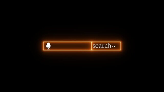 Orange neon search bar with microphone icon and text reversed on black background image photo