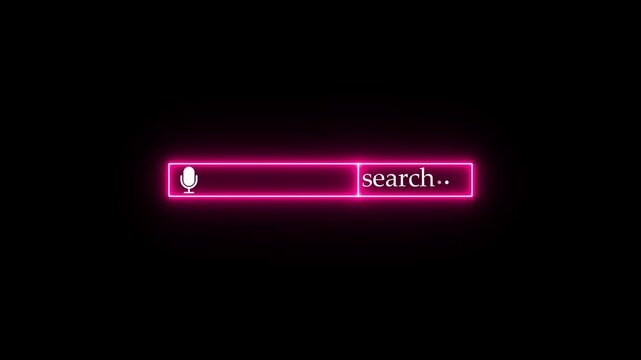 Pink neon search bar with microphone icon and text on black background image photo