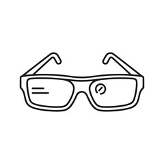 Simple line drawing of glasses with logo on lens