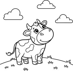 Cute Cow Coloring Page for Kids with Clouds and Grass