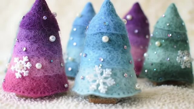 Two tiny gradient-colored felted Christmas trees resting on snowy white fabric surface for festive display
