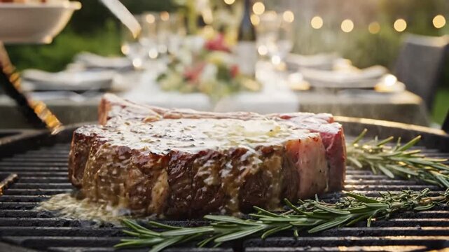 Juicy ribeye steak sizzling on a hot grill with rosemary, perfect for a summer barbecue feast