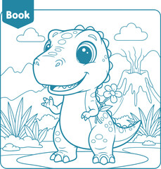 Cute Dinosaur Coloring Page with Flowers and Landscape