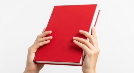 Hand holding a red book against white background