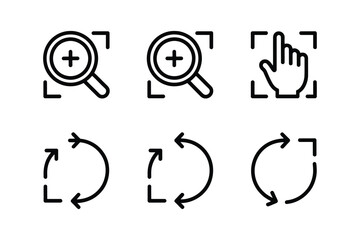 Simple ui icons illustrating zoom, refresh, and hand pointer actions for web interfaces