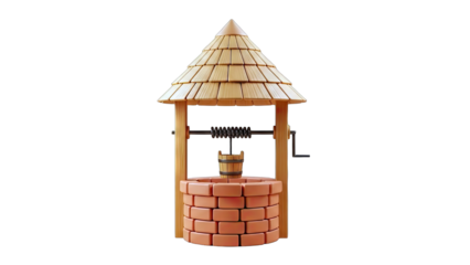 Wishing Well with Bucket and Roof on White Background