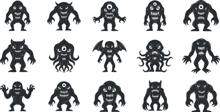 Set of playful black silhouette vector illustrations featuring various cartoon monsters for Halloween and design projects