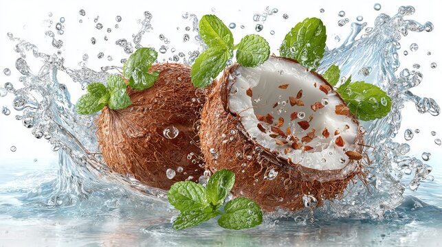 Cocotero muestra dos cocos marrones con agua salpicando alrededor en una escena natural y refrescante