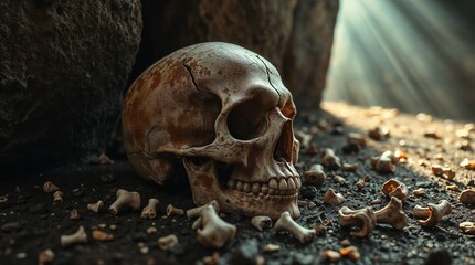 Skull and bones illustration in a dark atmospheric style, muted earth tones, representing danger, decay, and mystery