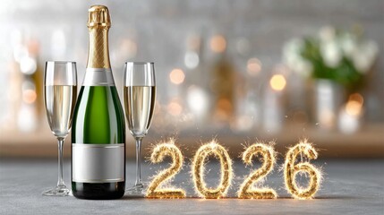 N&uacute;meros brillantes flotantes para celebrar el a&ntilde;o 2026 con champ&aacute;n y copas