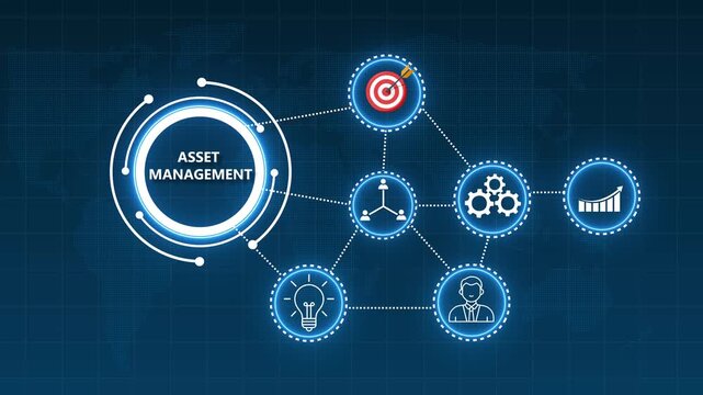 Asset Management concept with interconnected icons and world map background Keywords: asset management, finance, strategy, business, management, organization, people, team, investment, wealth