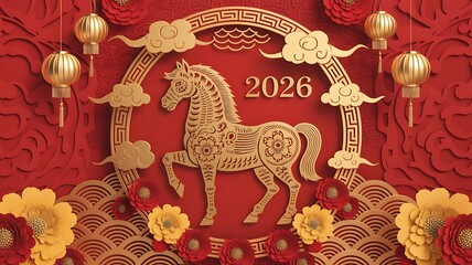 Gold horse design with lanterns and flowers on red background for chinese new year 2026