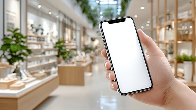 Muestra de tel&eacute;fono en mano con pantalla blanca en un espacio moderno y luminoso