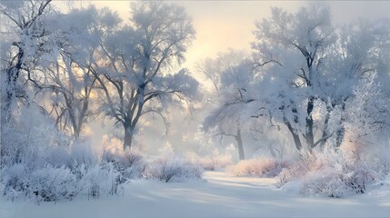A serene snowy background with frost covered trees, soft fog, and subtle sparkles of reflected light 