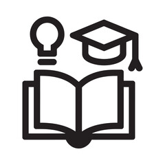 Education and knowledge concept icon featuring open book, lightbulb, and graduation cap