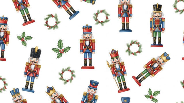 Watercolor Nutcracker Seamless Pattern with Christmas Soldiers, Holly Leaves and Wreaths