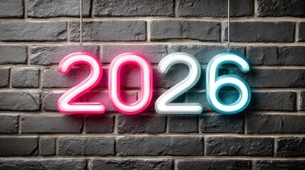 Fototapeta premium Números de neón 2026 brillando en una pared oscura de ladrillo en un ambiente urbano