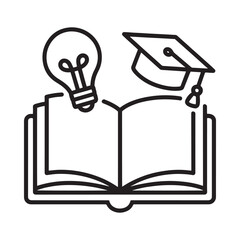 A black outline icon representing the journey from learning and ideas to academic achievement