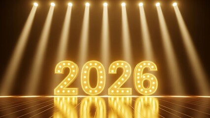 2026 marquee numbers on stage with bright spotlights