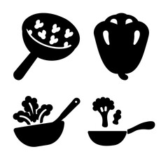 Healthy cooking ingredients and kitchen utensils silhouette