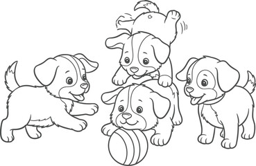 Four playful puppies playing with a ball on a white background