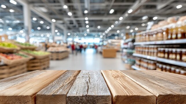 Supermercado con estantes borrosos y clientes en movimiento en un ambiente iluminado