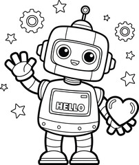 Friendly Robot Holding Heart Greeting Hello Coloring Page
