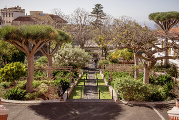 La Orotava, Tenerife, Spain 03.06.2018: Photos taken in La Orotava, Tenerife A charming view of the garden with artistic wooden structures and lush greenery creating a serene atmosphere