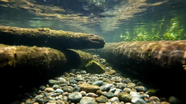 Underwater view with logs and rocks in a clear stream, showing nature and landscape. Riverbed with pebbles and green plants.
