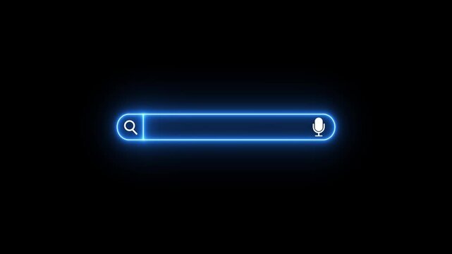 Bright Blue Neon Search Bar with Microphone Icon on Black Background glowing