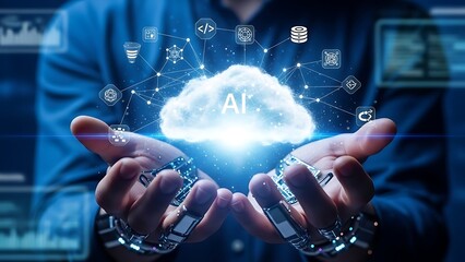 Robotic hands carefully presenting a glowing cloud computing interface labeled ai surrounded by digital network icons symbolizing future technology integration and data management