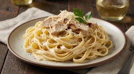 Creamy chicken fettuccine alfredo pasta topped with parsley