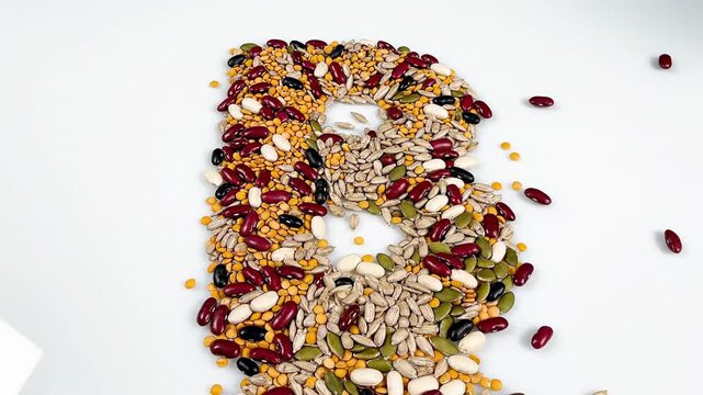 Assorted dry seeds and colorful dried beans flowing dynamically onto a smooth surface to rapidly fill and complete the outline of the letter B macro, smooth surface, food flow