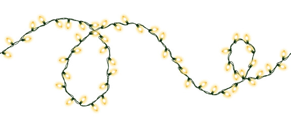 Christmas and New Year seamless border garland. Glowing vector light bulbs isolated on transaposter, greeting card.