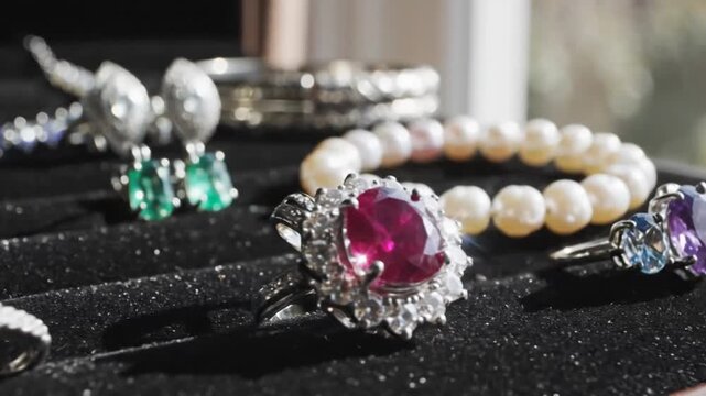 A close-up shot of a luxurious jewelry box filled with sparkling rings, bracelets, and earrings, showcasing precious gemstones and pearls
