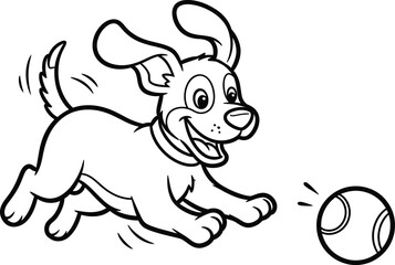Happy Puppy Playing with Ball in Black and White Line Art