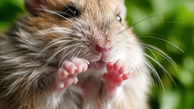 A playful hamster investigates vibrant greenery, pausing to nibble on tasty treats. Its tiny paws move expressively, captivating all who watch this delightful interaction with nature.