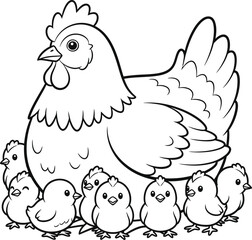 Hen with Chicks Coloring Page for Kids Farm Animals