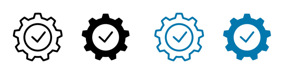 Gear checklist icons in black and blue representing system verification, process approval, and technical management. Clean vector design for business and technology use.