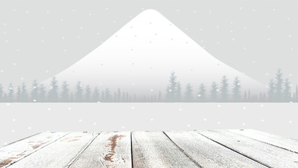 Snowy Christmas holiday background with empty wooden table against winter mountains